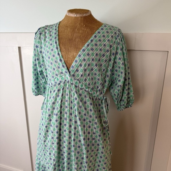 Mango MNG Maxi Dress SMALL Green Open Back Cotton Geometric Tiered Deep V Neck - Picture 3 of 11